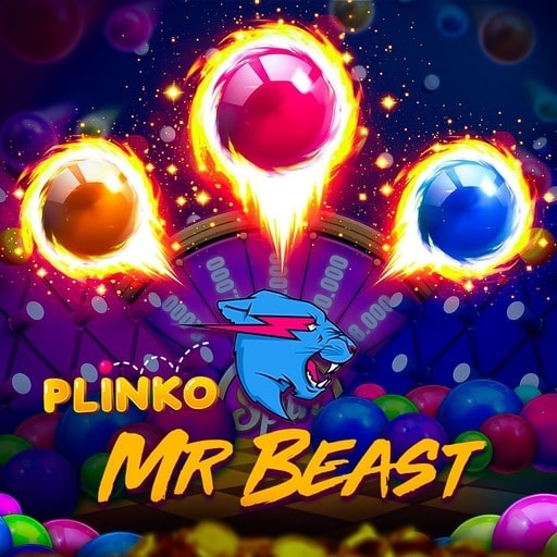 A dynamic advertisement for 'Plinko Mr Beast' showing three mobile phones displaying the Plinko game interface. Brightly colored balls (red, pink, and orange) are dropping through a grid of pegs, with multipliers and winnings visible at the bottom. The background is filled with coins, gift boxes, and colorful balls.